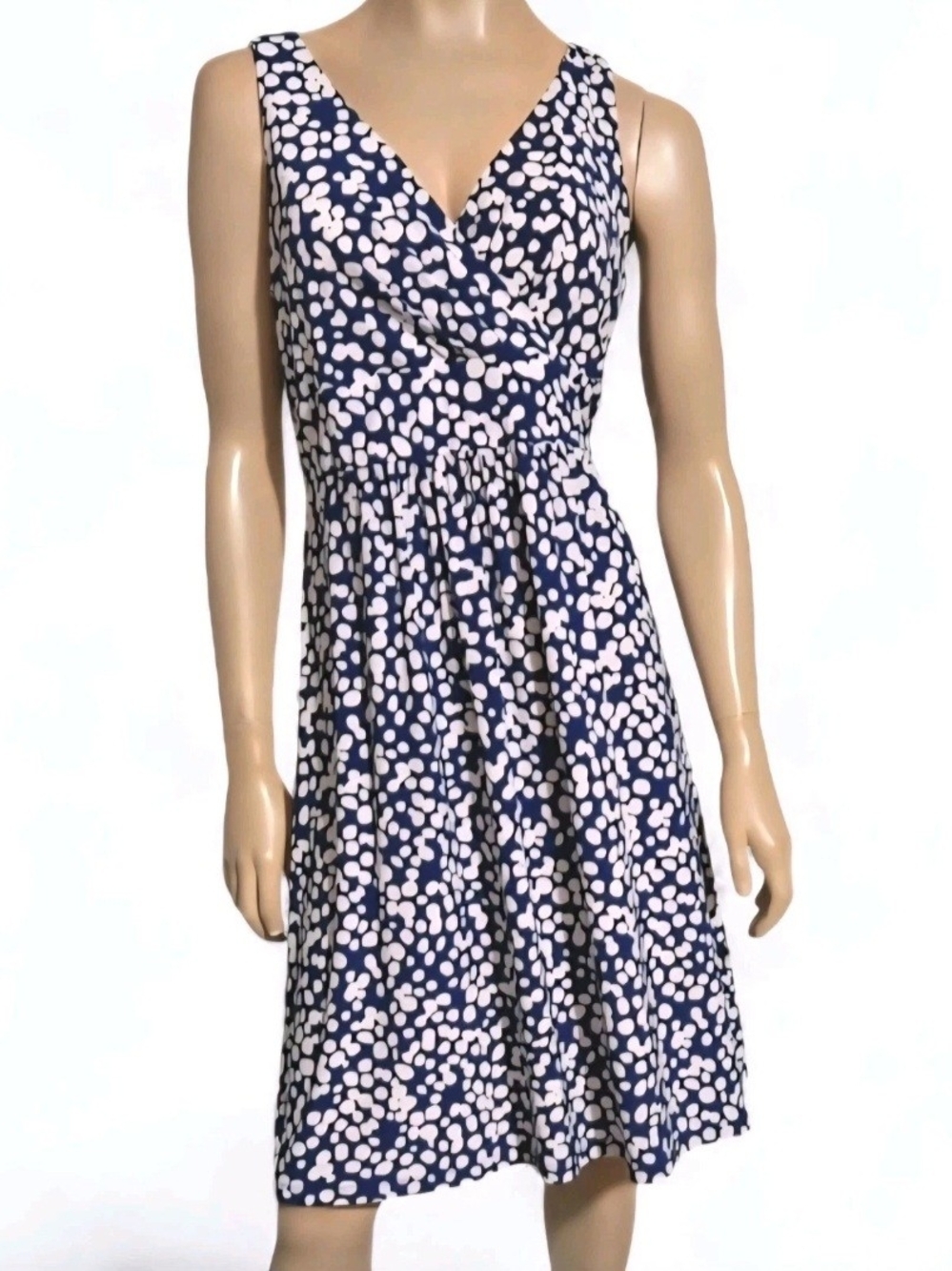 Chaps Sleeveless Faux Wrap Dress Blue & White Polka Dot Fit & Flare size L Large - Picture 3 of 14